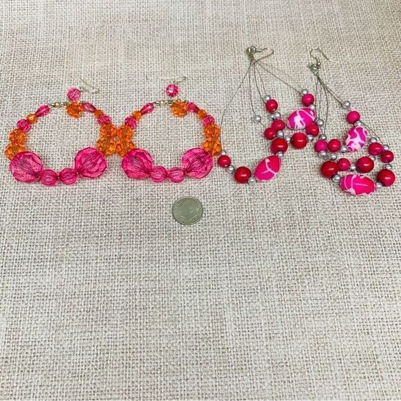 Beaded Bright Pink Orange Earrings Set of 2 - Picture 1 of 3
